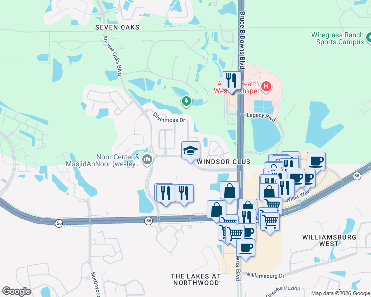 map of restaurants, bars, coffee shops, grocery stores, and more near 2339 Silvermoss Drive in Wesley Chapel