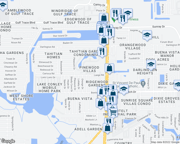 map of restaurants, bars, coffee shops, grocery stores, and more near 4307 Cedar Grove Street in Holiday
