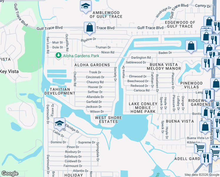 map of restaurants, bars, coffee shops, grocery stores, and more near 3542 Hoover Drive in Holiday