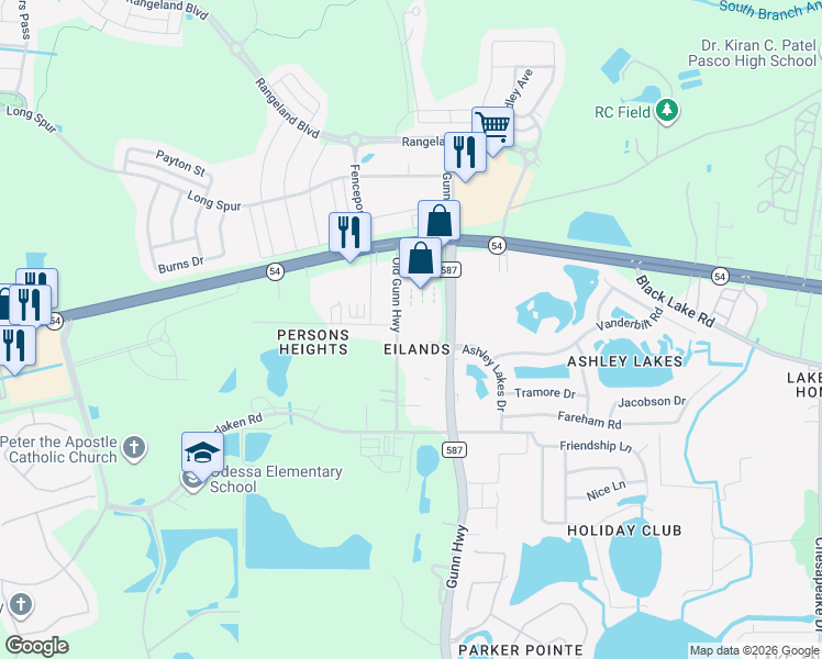 map of restaurants, bars, coffee shops, grocery stores, and more near 2224 Old Gunn Highway in Odessa