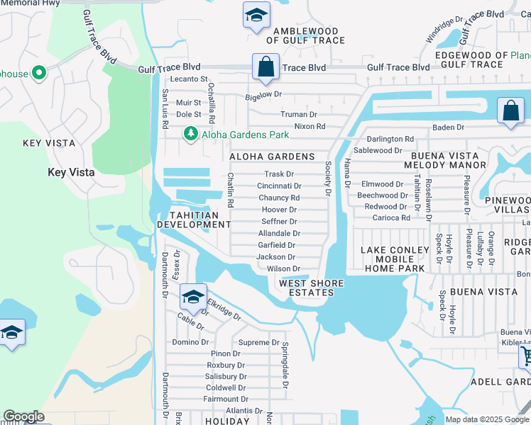 map of restaurants, bars, coffee shops, grocery stores, and more near 3352 Hoover Drive in Holiday