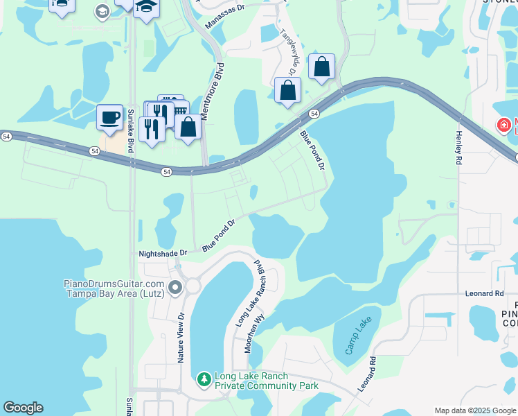 map of restaurants, bars, coffee shops, grocery stores, and more near 19341 Blue Pond Drive in Lutz