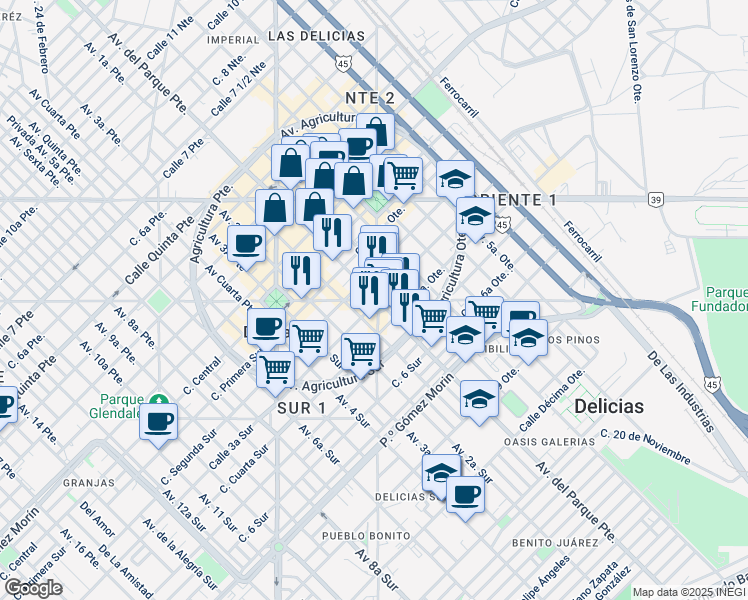 map of restaurants, bars, coffee shops, grocery stores, and more near Círculo de La Plaza Benito Juárez in Delicias