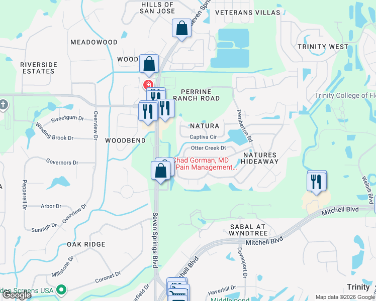 map of restaurants, bars, coffee shops, grocery stores, and more near 7120 Otter Creek Drive in New Port Richey