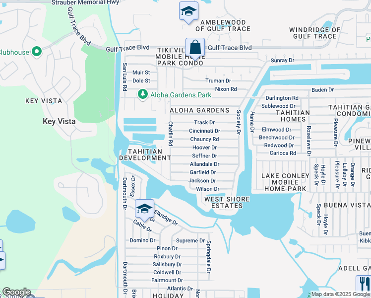 map of restaurants, bars, coffee shops, grocery stores, and more near 3326 Hoover Drive in Holiday