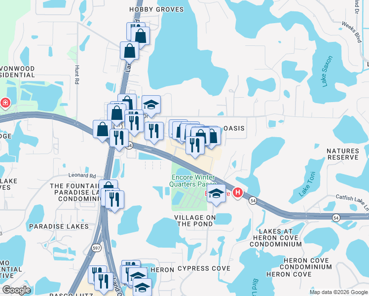 map of restaurants, bars, coffee shops, grocery stores, and more near 21533 Village Lakes Shopping Center Drive in Land O' Lakes