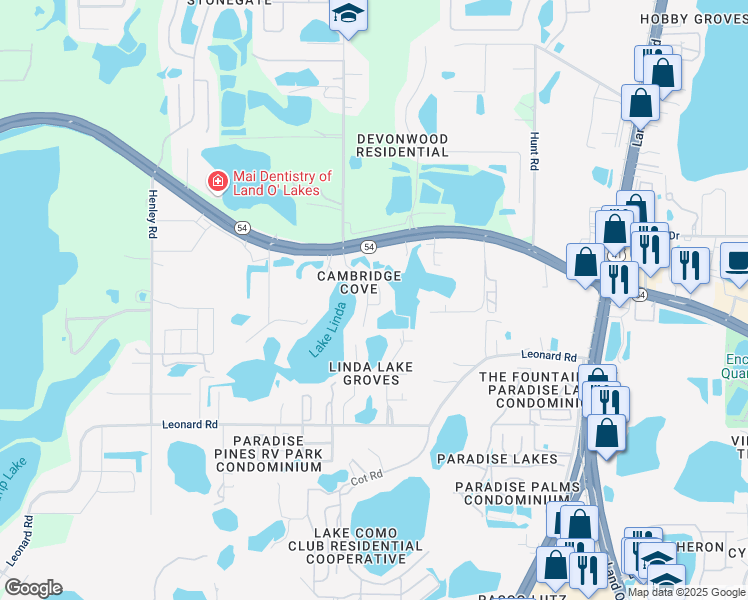 map of restaurants, bars, coffee shops, grocery stores, and more near 2312 Shirecrest Cove Way in Lutz