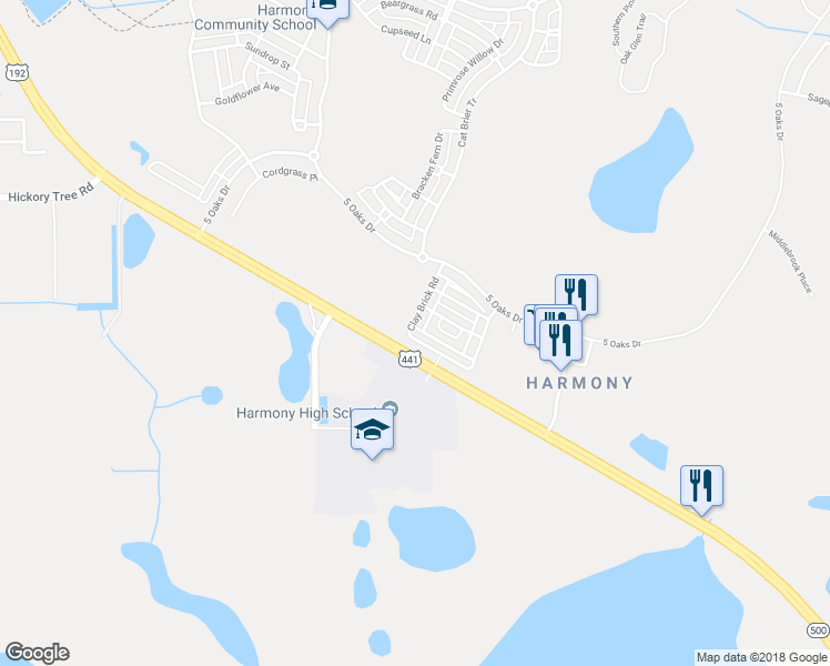 map of restaurants, bars, coffee shops, grocery stores, and more near 3541 Clay Brick Road in Osceola County