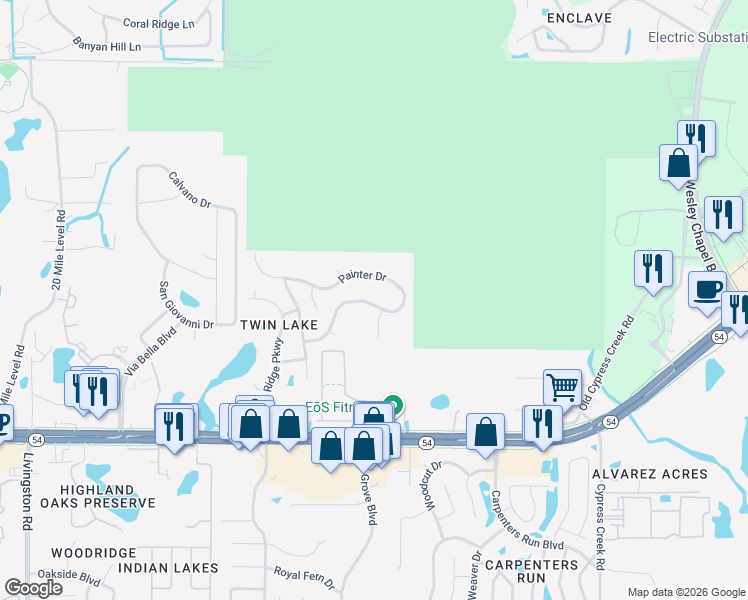 map of restaurants, bars, coffee shops, grocery stores, and more near 24359 Twin Lake Drive in Land O' Lakes