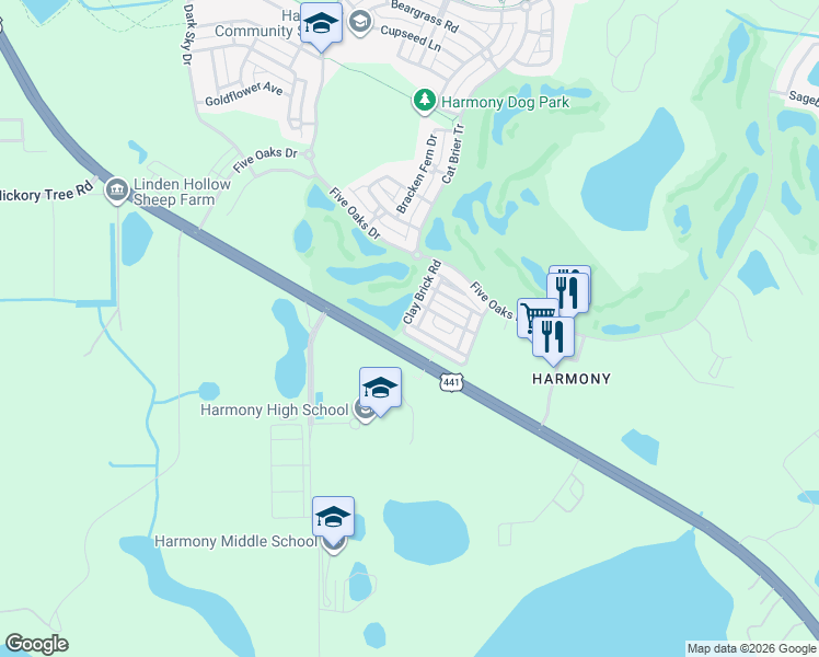 map of restaurants, bars, coffee shops, grocery stores, and more near 3541 Clay Brick Road in Osceola County