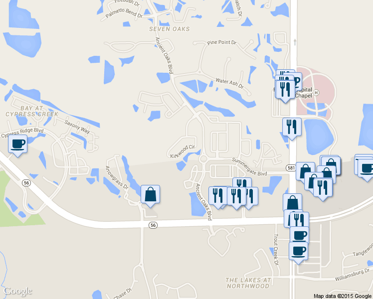 map of restaurants, bars, coffee shops, grocery stores, and more near 27545 Kirkwood Circle in Wesley Chapel