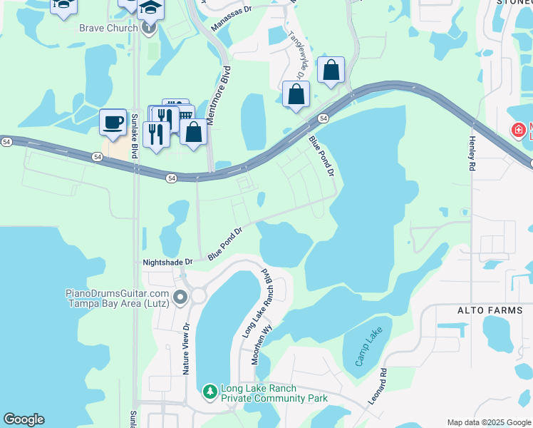 map of restaurants, bars, coffee shops, grocery stores, and more near 19382 Blue Pond Drive in Lutz