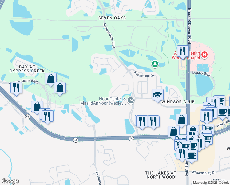 map of restaurants, bars, coffee shops, grocery stores, and more near 27716 Kirkwood Circle in Wesley Chapel