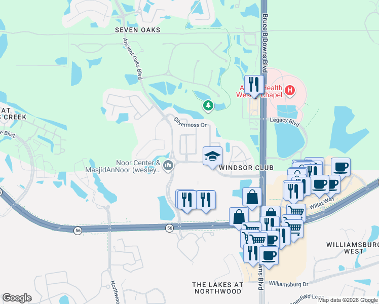 map of restaurants, bars, coffee shops, grocery stores, and more near 2502 Rosehaven Drive in Wesley Chapel