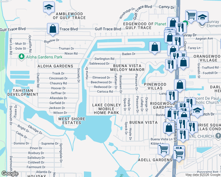 map of restaurants, bars, coffee shops, grocery stores, and more near 3904 Redwood Drive in Holiday
