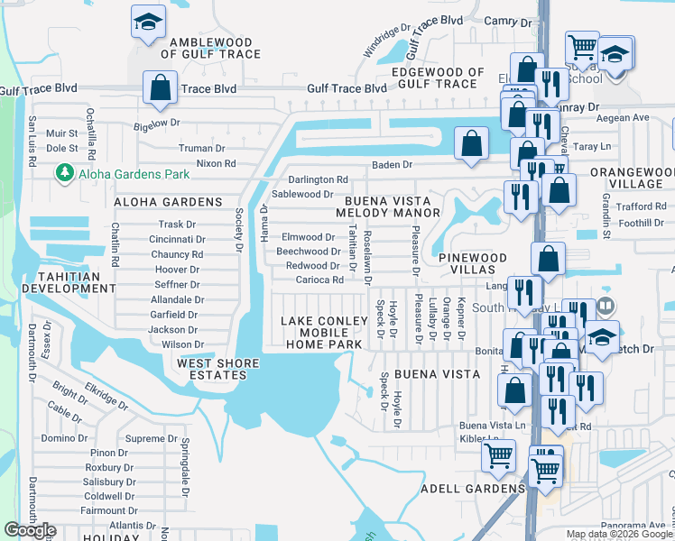 map of restaurants, bars, coffee shops, grocery stores, and more near 3923 Carioca Road in Holiday