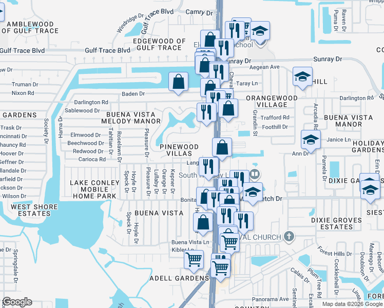 map of restaurants, bars, coffee shops, grocery stores, and more near 4421 Lange Road in Holiday