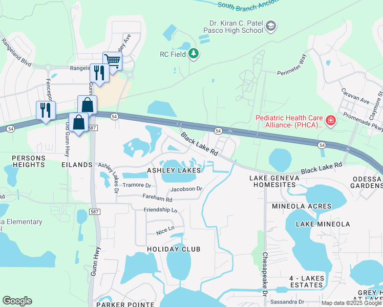 map of restaurants, bars, coffee shops, grocery stores, and more near 14010 Noble Park Drive in Odessa