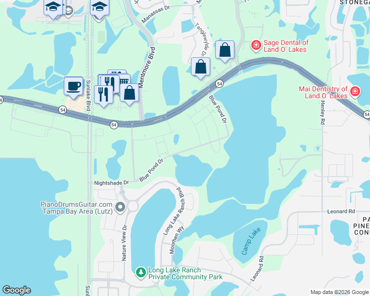 map of restaurants, bars, coffee shops, grocery stores, and more near 19382 Blue Pond Drive in Lutz