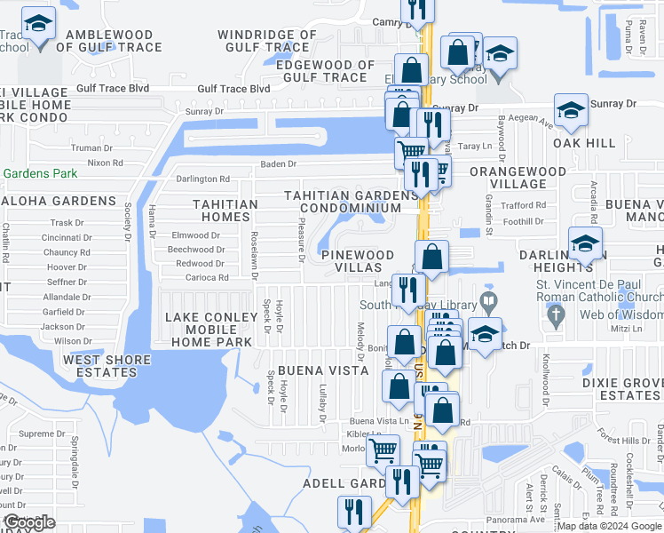 map of restaurants, bars, coffee shops, grocery stores, and more near 4325 Tahitian Gardens Circle in Holiday