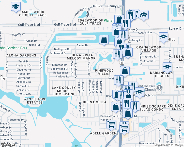 map of restaurants, bars, coffee shops, grocery stores, and more near 4116 Reggie Drive in Holiday