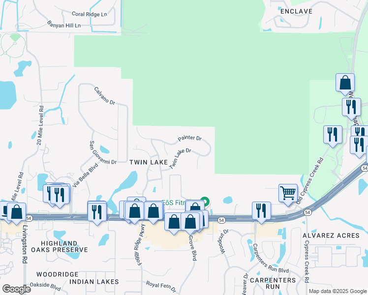 map of restaurants, bars, coffee shops, grocery stores, and more near 24329 Twin Lake Drive in Land O' Lakes