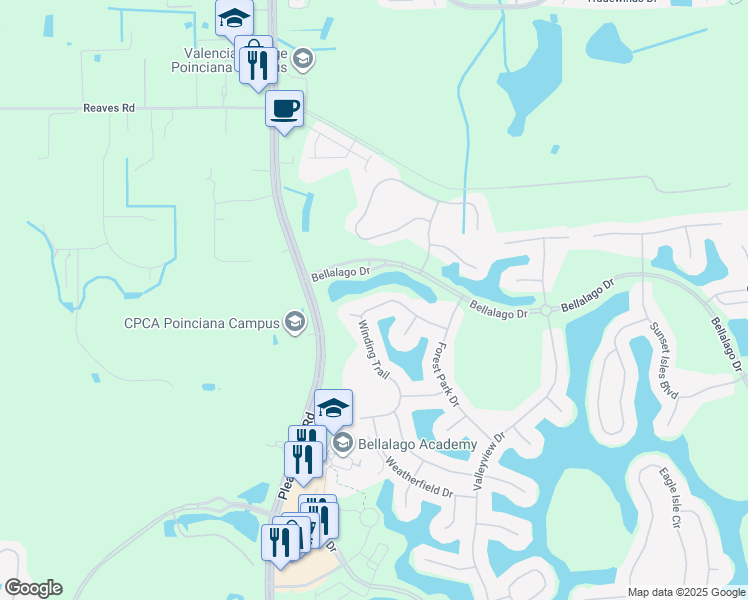map of restaurants, bars, coffee shops, grocery stores, and more near 3030 Winding Trail in Kissimmee