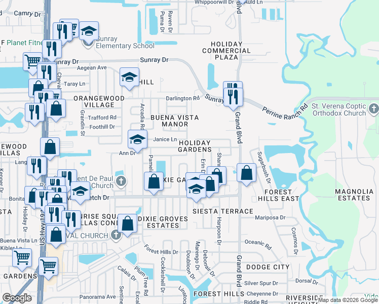 map of restaurants, bars, coffee shops, grocery stores, and more near 2216 Prestige Drive in Holiday