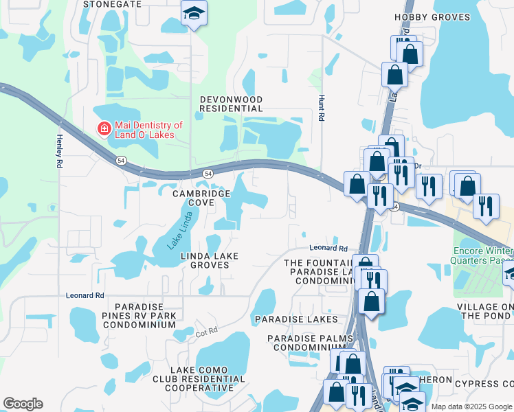map of restaurants, bars, coffee shops, grocery stores, and more near 2231 Sofia Drive in Lutz