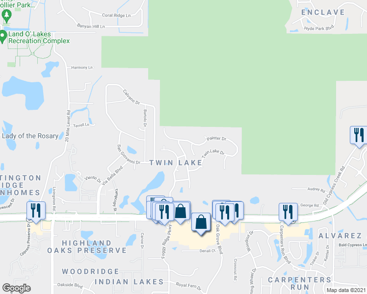 map of restaurants, bars, coffee shops, grocery stores, and more near 2342 Tioga Drive in Land O' Lakes