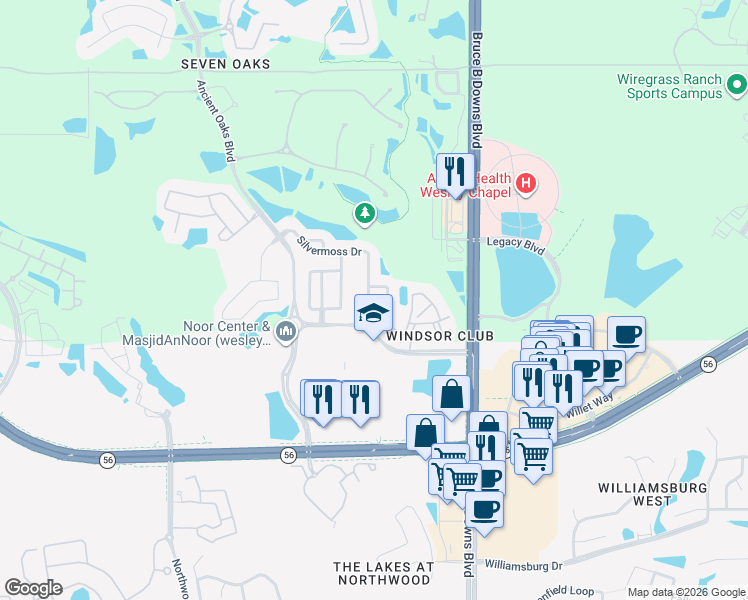 map of restaurants, bars, coffee shops, grocery stores, and more near 2402 Silvermoss Drive in Wesley Chapel