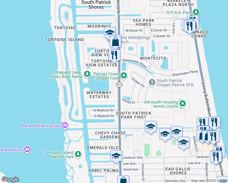 map of restaurants, bars, coffee shops, grocery stores, and more near 331 South Lakeside Drive in Satellite Beach