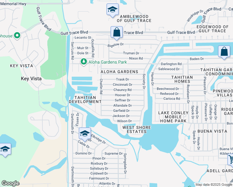 map of restaurants, bars, coffee shops, grocery stores, and more near 3353 Hoover Drive in Holiday