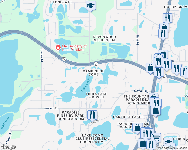 map of restaurants, bars, coffee shops, grocery stores, and more near 2312 Shirecrest Cove Way in Lutz