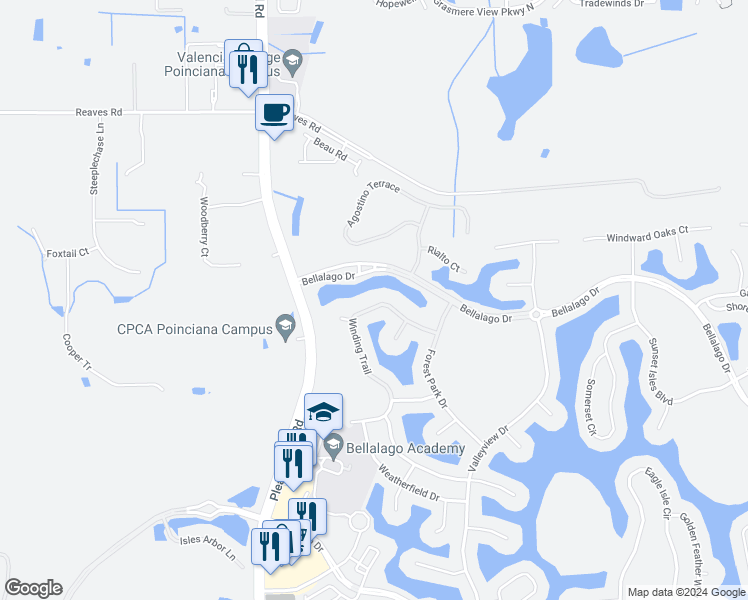 map of restaurants, bars, coffee shops, grocery stores, and more near 3031 Winding Trail in Kissimmee