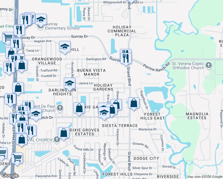 map of restaurants, bars, coffee shops, grocery stores, and more near 2202 Erin Drive in Holiday