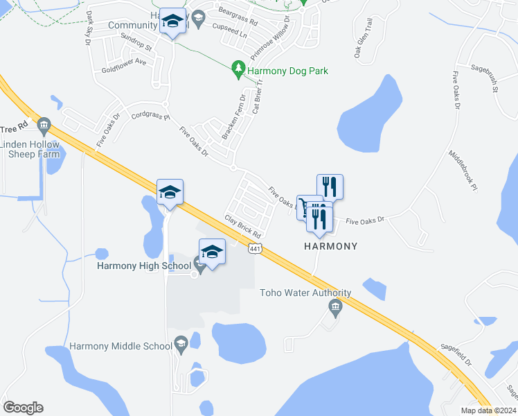 map of restaurants, bars, coffee shops, grocery stores, and more near 7135 Harmony Square Drive South in Osceola County
