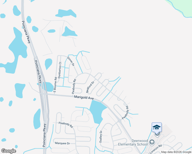 map of restaurants, bars, coffee shops, grocery stores, and more near 251 Bedford Drive in Kissimmee