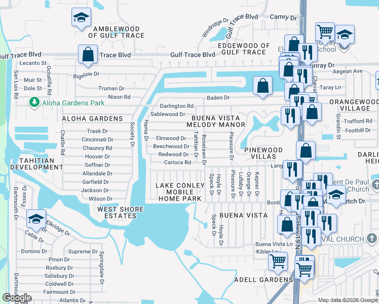 map of restaurants, bars, coffee shops, grocery stores, and more near 3911 Redwood Drive in Holiday