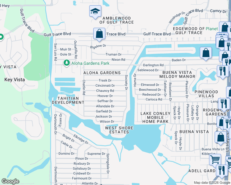 map of restaurants, bars, coffee shops, grocery stores, and more near 3542 Hoover Drive in Holiday