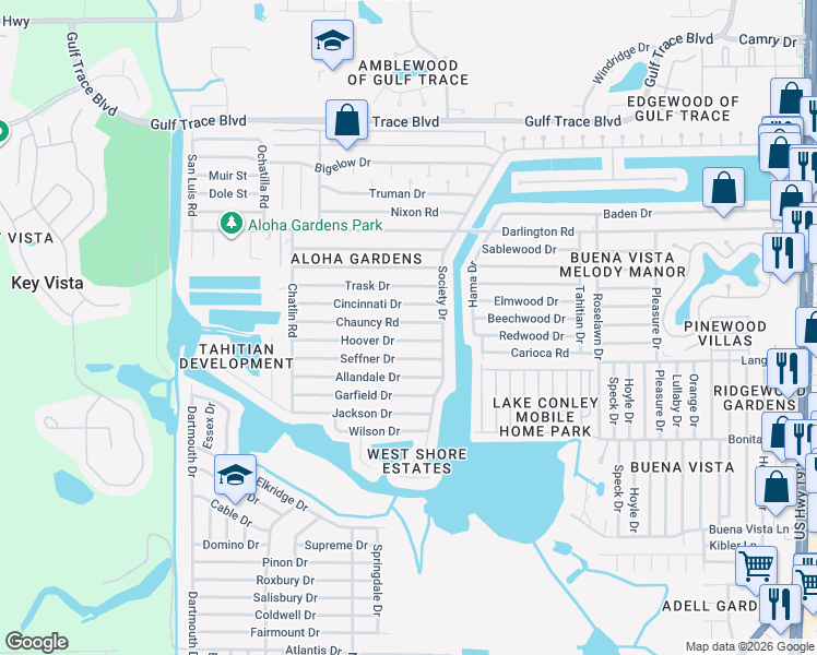 map of restaurants, bars, coffee shops, grocery stores, and more near 3542 Hoover Drive in Holiday