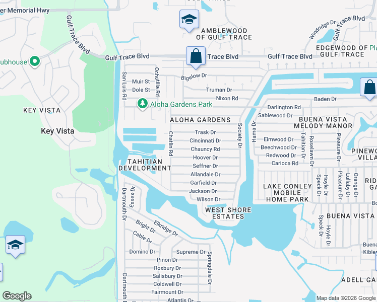 map of restaurants, bars, coffee shops, grocery stores, and more near 3352 Hoover Drive in Holiday