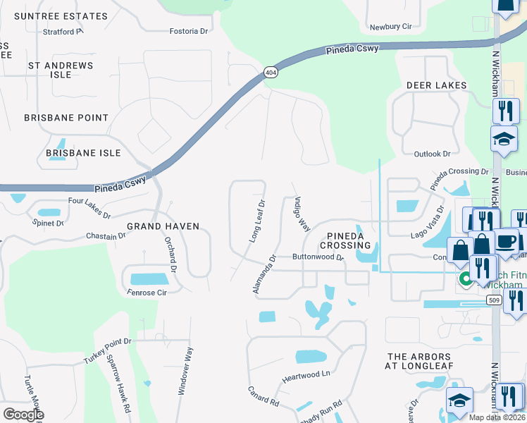 map of restaurants, bars, coffee shops, grocery stores, and more near 4204 Long Leaf Drive in Melbourne