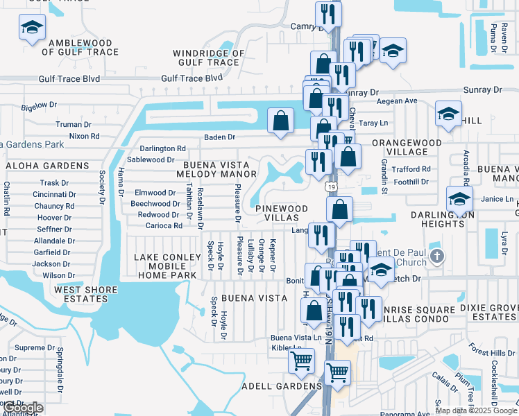 map of restaurants, bars, coffee shops, grocery stores, and more near 4328 Tahitian Gardens Circle in Holiday