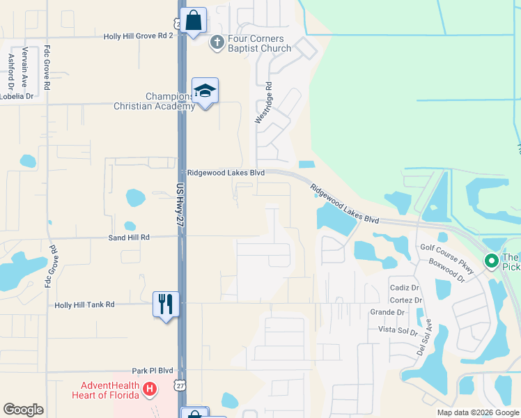 map of restaurants, bars, coffee shops, grocery stores, and more near 225 Ridgewood Lakes Boulevard in Davenport