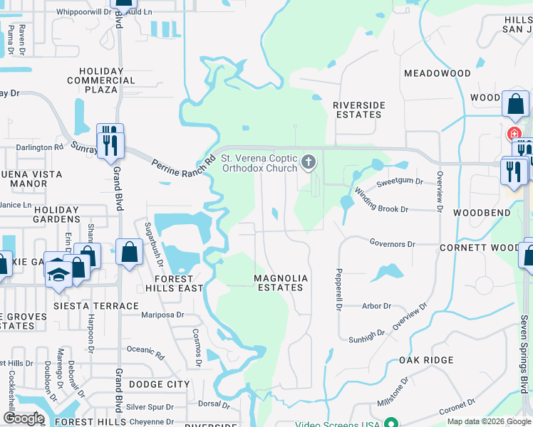 map of restaurants, bars, coffee shops, grocery stores, and more near 2306 Tarragon Lane in New Port Richey