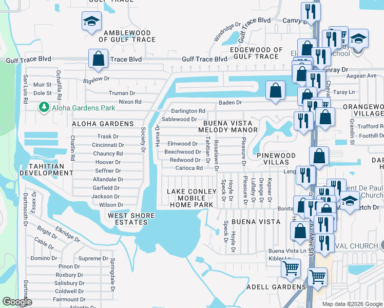 map of restaurants, bars, coffee shops, grocery stores, and more near 3824 Elmwood Drive in Holiday