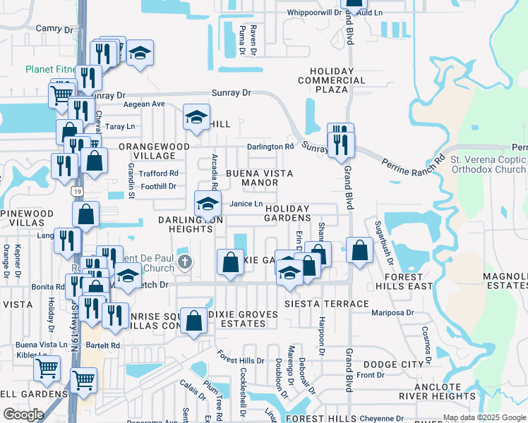 map of restaurants, bars, coffee shops, grocery stores, and more near 5145 Tammy Lane in Holiday