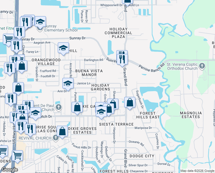map of restaurants, bars, coffee shops, grocery stores, and more near 5317 Tammy Lane in Holiday