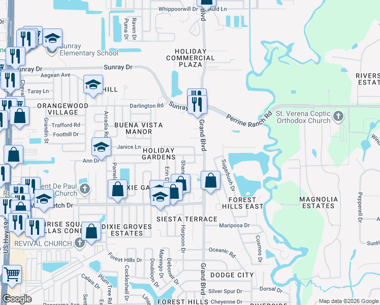 map of restaurants, bars, coffee shops, grocery stores, and more near 5417 Tammy Lane in Holiday